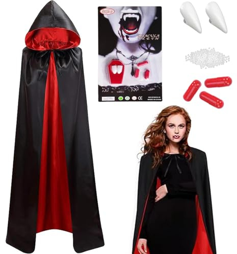 Costume de vampire pour Halloween - Double cape en SATIN avec capuche, crocs de vampire et faux sang, 120/140/150 cm Cape d'Halloween vampiro rouge et noire Costume Dracula adultes,femmes et filles