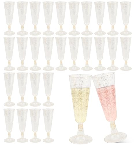 LPZMPZ 30 Stück Sektgläser Plastik Sektgläser Kunststoff Champagner Gläser Plastik mit Goldglitter, Mehrweg Sektflöten, Weingläser Plastik 150ml für Bar Hochzeit Party Zubehör Party Gläser