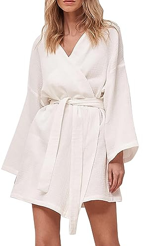 IQYU Accappatoio da donna a nido d'ape, corto, in cotone leggero, estivo, a maniche lunghe, grandi dimensioni, accappatoio per sauna, morbido, kimono con cintura