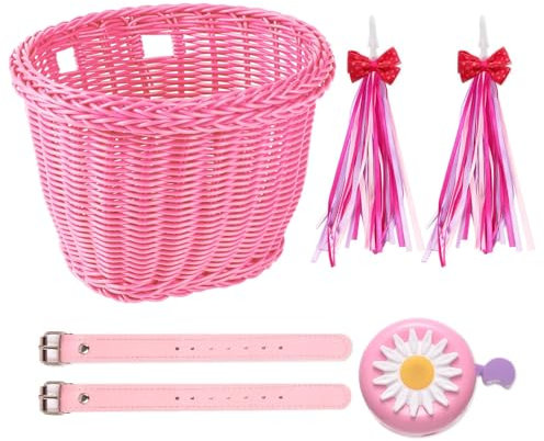 SVNR Fahrradkorb Kinder, Laufrad Korb Kinder,Fahrradkorb Geflochten aus Kunststoff-Rattan für Jungen und Mädchen, Einfach zu montieren,weich und formbar,mit Lederriemen, Klingel,Luftschlangen,Rosa