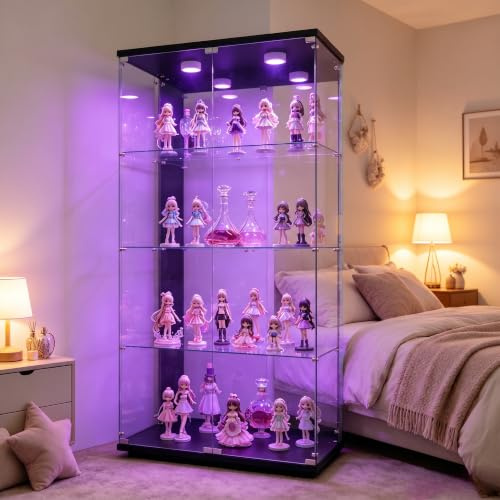 FOERPL Vetrina Soggiorno, vetrina in Vetro con Led 164x80x36,5 cm Mobile Vetrinacon Led VetrinaEspositiva per Collezionismo con 2 Porte 4 Strati Specchio Armadio Vetro con Serratura per Bar ufficio