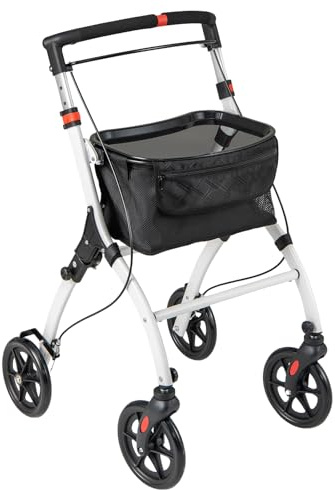 GYMAX Deambulatore Stretto per Casa, con Vassoio e Borsa, 4 Ruote, Rollatore Pieghevole Leggero in Alluminio, Girello Regolabile in Altezza per Anziani, Deambulazione, 72 × 53 × 96-103 cm