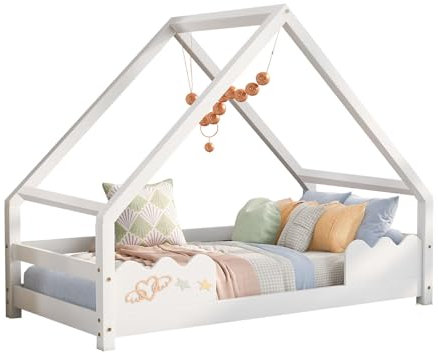 Billg Kinderbett Hausbett 90 x 200cm, Montessori Bodenbett mit Lattenrost, Kinder Einzelbett Bettgestell aus Massivholz, Rausfallschutz Jugendbett, Weiß, Ohne Matratze
