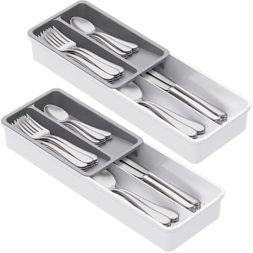 Lifewit 2 bandejas compactas para cubiertos para cajones, 42 x 14,5 x 6 cm, 4 compartimentos, cesta para cubiertos, organizador de cubiertos para cucharas, tenedores, cuchillos, color blanco y gris