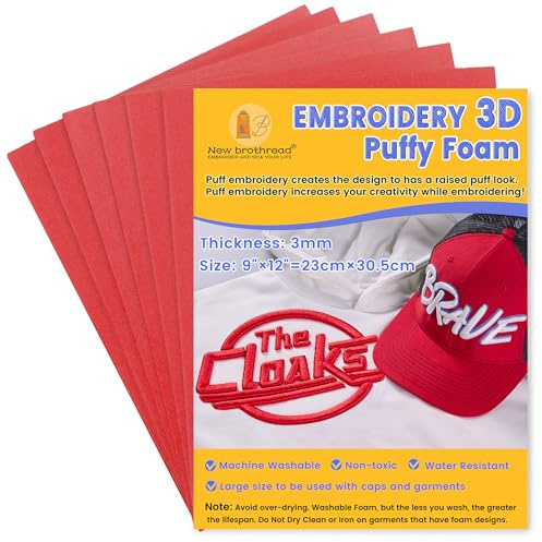 New brothread - 6 PCS Espuma de bordado 9″x12″ (23cmx30.5cm) Tamaño Grande 3MM Espesor Creación de efecto bordado 3D para gorras, prendas, chaquetas, bolsos, mochilas y más - Rojo