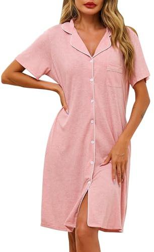 Lovasy Camicia da Notte in Cotone Donna Estiva Manica Corta Abito da Notte Allattamento con Scollo a V Pigiama Vestaglia Bottoni Davanti con Tasche,A-Rosa,XL