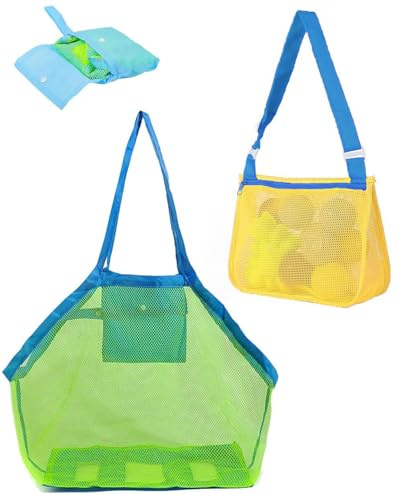 TPZORJX 2 pcs Strandtasche Strandspielzeug Tasche sandspielzeug netztasche Groß Medium für Wasserspielzeug für Kinder Aufräumsack Spielsack Badetasche Beachbag Faltbar für Familie Urlaub
