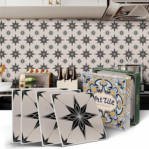 12 azulejos adhesivos de estrella negra, azulejos de pared para cocina y baño, autoadhesivos, azulejos de azulejos autoadhesivos, azulejos de mosaico impermeables (15 x 15 cm, 15 x 15 cm)