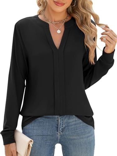 Cuptacc Magliette Donna Manica Lunga Scollo a V Top Donna Camicie Elegante Plissettata Blusa e Camicie Nero, Small S 36
