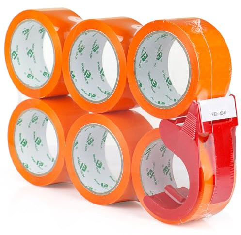 BOMEI PACK 6 Rollen Paketklebeband Klebeband 66 m x 48 mm, Orange, 6er Set, für Päckchen, Umzugs-Kartons und Verpackung - gute Klebkraft | Paketband | Packband | Paketklebeband mit Plastik Abroller