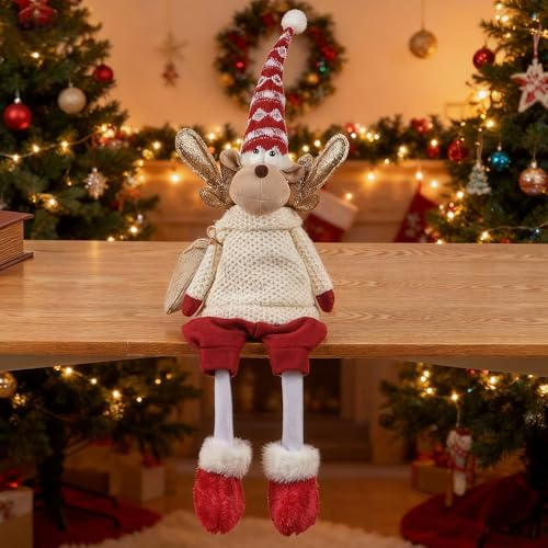 Dedrian11 Christmas Sitting Reindeer Shelf Sitter Decor, 24 Inch Plush Figurine with Dangling Legs, Poseable Arms, Weighted Bottom, Mantel Fireplace/Tabletop Holiday Decoration, Indoor