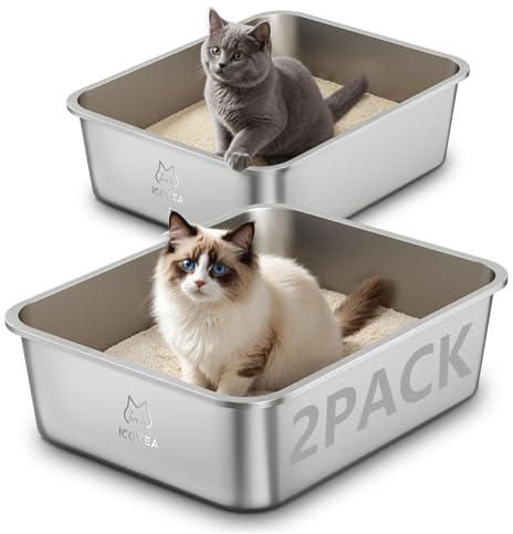 2-Pack Kattlådor i Rostfritt Stål, Stora och XXL Öppna Katttoaletter i Metall för Katter i Alla Storlekar och Kaniner, med Non-Stick Yta och Luktfri Design (2 Stück, 45x35x15cm)
