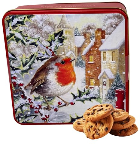 Christmas Biscuit Gift Tin, Mini Shortbread, Chocolate Chip, Stem Ginger and Lemon Biscuits, Holiday Stocking Filler (Snowy Robin)