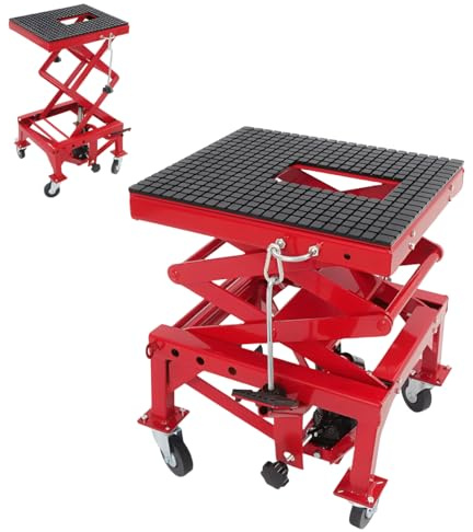 Armanyya Motorcykellyft, hydraulisk motorcykellyftplattform med 4 hjul, höjdjusterbar 350–870 mm, lastkapacitet 200 kg, motorstativ i garage och utomhusbruk, röd