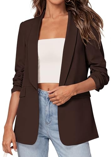 PRETTYGARDEN Women's 2026 Spring Blazers Business Casual Outfits Open Front Ruched 3/4 Sleeve Lightweight Work Suits Jackets (Brown,Medium)