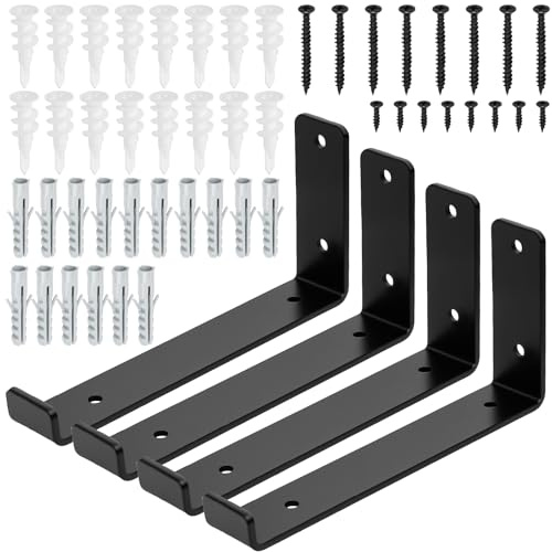 Swpeet 4 Pack 7.2 L x 4 H 5mm épaisseur noir Supports d'étagère lourd avec lèvre, J support d'étagère avec lèvre, métal flottant J support d'étagère de montage mural avec vis et ancres Kit pour banc