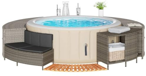 Hommdiy Whirlpool-Umrandung Grau Poly Rattan und Massivholz Akazie 1x Stufe