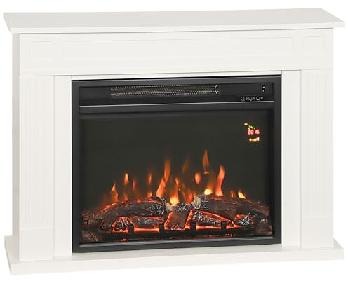 HOMCOM Camino Elettrico con Cornice e Fiamma 3D Realistica 5 Livelli di Luminosità, Caminetto Elettrico Silenzioso con Termostato, Riscaldamento Regolabile, Timer, Telecomando, 2000W, 30㎡, Bianco