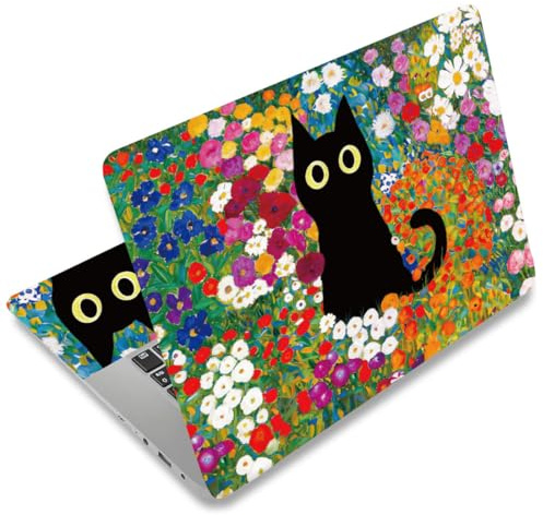 SUPERDANT Adesivi Per Laptop 38x27cm Copertura In Pelle PVC Ritagliabile Con Gatti Neri E Fiori Decalcomania Protegge Da Graffi E Versamenti Include 2 Parapolsi Per Laptop Da 12 13 14 15 16