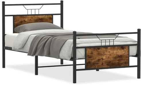 mtlskopl Bettgestell 90x200 cm Metallbett mit Kopfteil Einzelbett Räuchereiche Jugendbett aus Holzwerkstoff und Stahl Stabiles Bett ohne Matratze für Schlafzimmer und Jugendzimmer