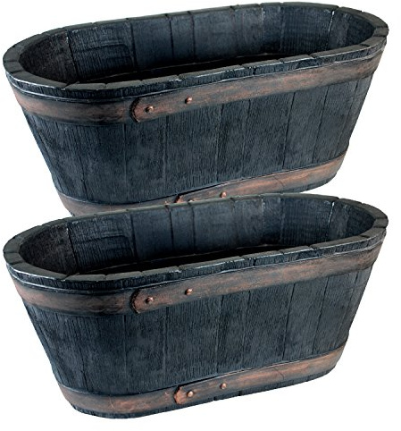 Oakwood Rustic Style Plastic Black Trough Planter - Set of 2 - Indoor & Outdoor Use - 25cm (H) x 60.5 (L) x 32cm (W)