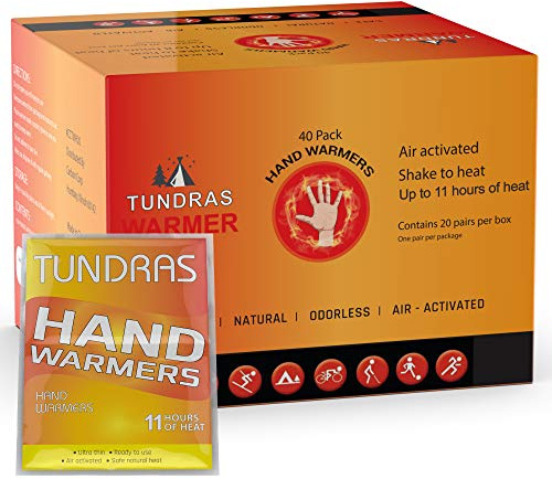Tundras Handwärmer, 11 Stunden lang haltbar, 40 Stück, natürlich, geruchlos, sicher, Einweg-Wärmekissen für Hände, Zehen und Körper, bis zu 11 Stunden Wärme, TSA-geprüft