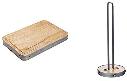 KitchenCraft Industrial Wooden Butcher’s Block Chopping Board, 48 x 32 x 5 cm (19” x 12.5” x 2”) - Rectangular & Industrial Metal/Wooden Kitchen Roll Holder, 31 cm