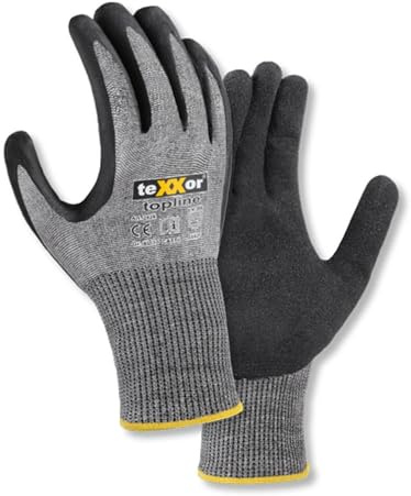 texxor 12 Stück Schnittschutz-Strickhandschuhe 2424, besandete Nitrilbeschichtung, Packung, grau-schwarz, 9/L, Arbeitshandschuhe, Schnittschutzhandschehe, Strickhandschuhe