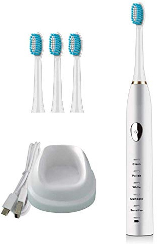 Sonico Elettrico Spazzolino Da Denti (bianco), Ricaricabile In 5 Modalità Per Adulti E Ragazzi, Con 4 Teste Della Spazzola E Base Di Ricarica, Impermeabile E Facile Da Pulire.