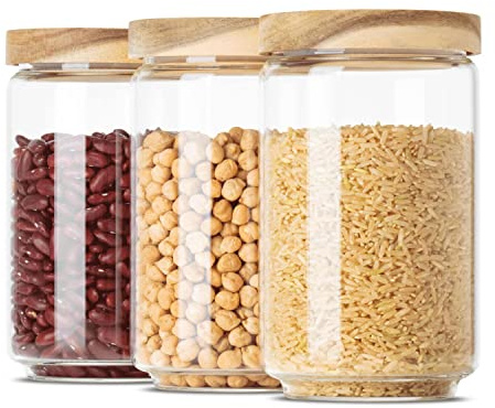 Econovo Vorratsbehälter Glas mit Deckel 700ml 3er Set, stapelbar | Stapelbare Vorratsgläser aus Borosilikatglas, luftdichter Deckel aus Holz, geeignet für Zucker, Tee, Granola und Reis