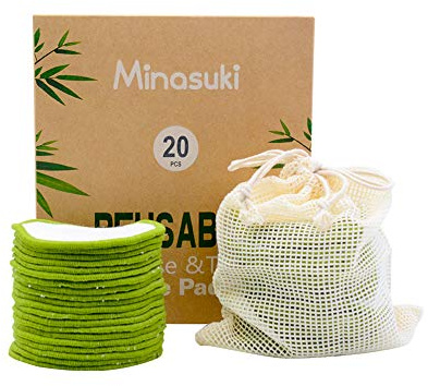 Minasuki 20 Pack Reusable Makeup Remover Pads - Bamboo Reusable Cotton Rounds for Toner, Washable Pads for All Skin Types with Cotton Bag