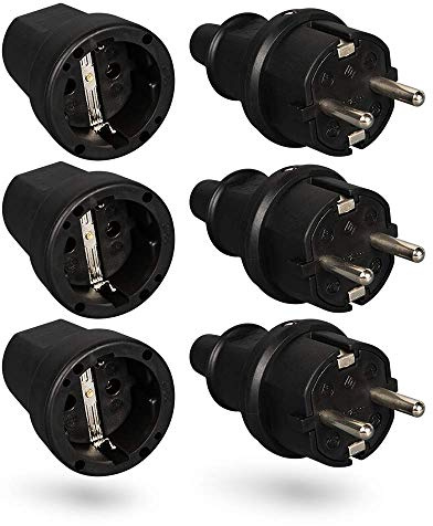 HEITECH Gummi Schutzkontakt Stecker & Kupplung - 3er Pack Schutzkontakt Set mit Knickschutz, schwarz, 250V, 16A, IP20 für Innenbereich - Vollgummi Schuko Stecker & Kupplung