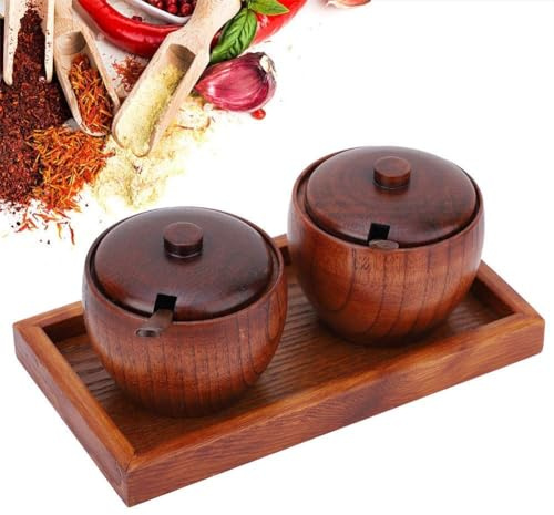 HERCHR ciotole per sale e pepe in legno con coperchi e cucchiaio, set per condimenti in barattoli di zucchero con vassoio di servizio per la cucina di casa
