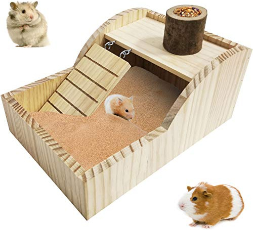 kathson Hamster Sand Bath Box Wooden Small Animals Shower Room Chinchilla Digging Sand Bathtub Container with Climbing Ladder Bowl for Dwarf Syrian Mice Mouse Gerbils Hedgehog
