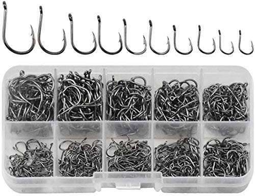 AvoDovA 600 STK Angelhaken Set, 3# -12# 10 Größen Angelhaken Kohlenstoffstahl, Widerhaken Angelhaken, Karpfenkreishaken, Angelhaken Forellen mit Loch für Süßwasser-Salzwasserfisch