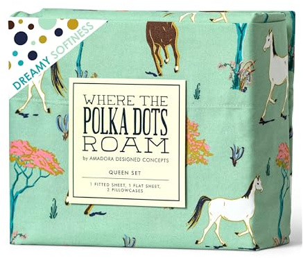 Where The Polka Dots Roam Horse Bedding Set - Western Farmhouse Style Animal Sheets for Kids, Boys, Girls - Includes 1 Fitted Sheet, 1 Flat Sheet, 1 Pillowcase - Twin Size Bed Horses Print