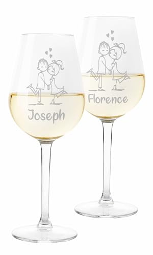 Colorfamily Coppia Calici Personalizzati Set da 2 calici Vino Personalizzati con Nome Innamorati Disegno - Bicchiere in Vetro 500 ml