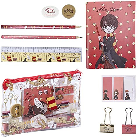 Harry Potter Briefpapier-Set, Einschließlich Bleistifte, Lineal, A6-Notizbuch, Radiergummi, Anspitzer, Haftnotizen, Clips, Federmäppchen, Schulset