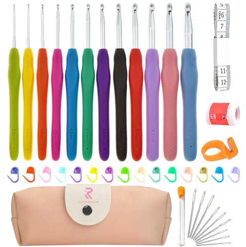 RealPlus 12-teiliges Häkelnadel, Häkelset, volle Größe (2–8 mm), Häkelsets für Anfänger und Erwachsene, ergonomische Gummigriffe, Häkelgeschenke für Schwester, Mutter, Tochter [Rosa 44-tlg]
