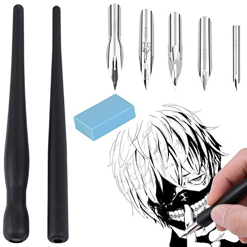 Schreibfeder Kalligraphie Set Für Zeichnen NOCHME 2 Manga Federhalter Stift Haltern Mit 5 Federn 1 Radiergummi Dip Pen Set Für Karikaturisten Künstler Anfänger Kalligraph Zeichenfeder Kit Schwarz