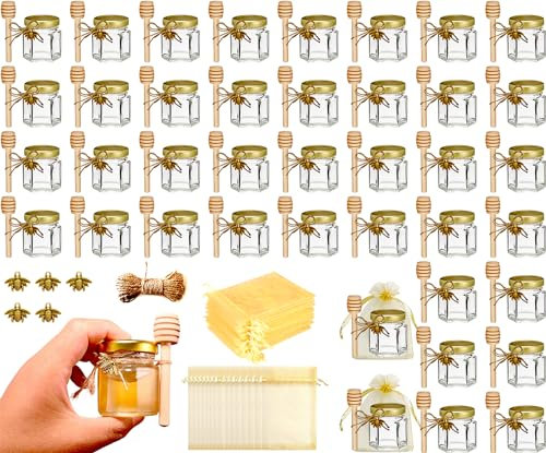Kleine Honiggläser, Honigglas mit Honiglöffel, Kleine Gläser mit Bienen Anhänger, Mini Honigtöpfe mit Organzaband, Mini Gläser für Baby Feier, Hochzeit Gastgeschenk, 40 Stück 45ml