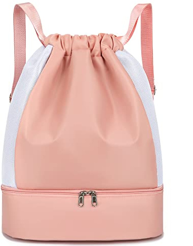 Keyck Bolsas de Cuerdas Mochila Mujer Chica, Gym Sack Impermeable Saco Gimnasia con Compartimento Zapatos y Bolsillo Húmedo, Oxford Drawstring Backpack Para Deporte Playa Escuela Viajes, Rosado
