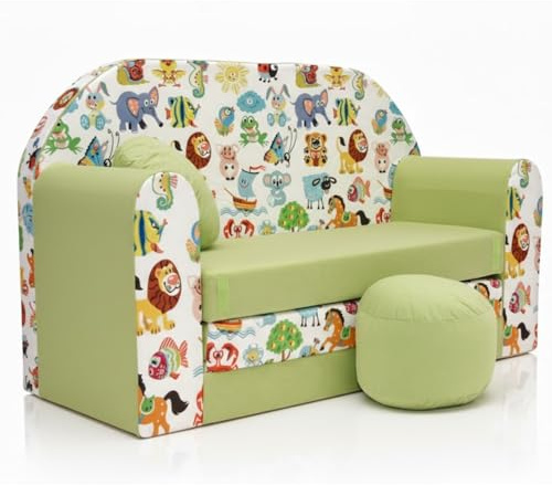 All4All Kindersofa Klappsofa - Schlafsofa 3in1 - Velo - Spielsofa für Kinder - Sofa zum Aufklappen - mit Pouf - faltbar - zum Schlafen – Schaumstoff Sofa (Z5 Grün + Tiere)
