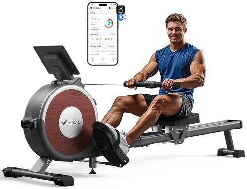 MERACH Rameur Musculation D'appartement, 16 Niveaux de Résistance, Rameur Magnétique Silencieux avec APP Exclusive, Rails Doubles Améliorés pour Plus de Stabilité, Assemblage Facile(Gris)