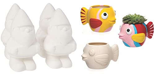 Baker Ross AF428 Gartenzwerge aus Keramik, personalisierbar (4 Stück), Ceramic & Keramik-Blumentöpfe „Fisch“ für Kinder zum Bemalen und Dekorieren – Porzellan-Bastelset für Kinder (2 Stück)