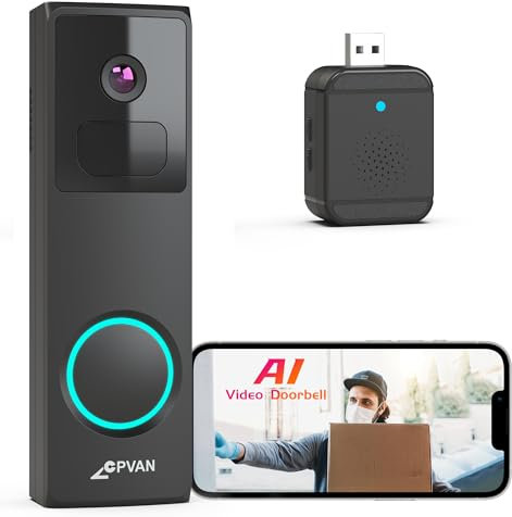 CPVAN WLAN Video Türklingel mit Kamera 2K HD Kabellose Doorbell mit Chime, Akku Video-Türsprechanlage mit PIR-Bewegungserkennung, 2-Wege-Audio, unterstützt Alexa, SD-Karte & Cloud-Speicher