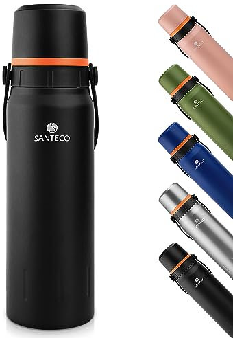 SANTECO Thermoskanne Thermosflasche Edelstahl 1,2L - Auslaufsichere Thermoskanne mit Trinkbecher für unterwegs- BPA-frei - Isolierflasche Kaffee & Tee für Kinder, Sport, Schule - 24H Kalt & 12H Heiß