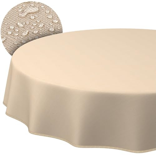 Stoff Tischdecke Textil Tischwäsche Tischtuch Baumwolle Polyester abwaschbar Uni Ornament Damast Jacquard Gewebe waschbar Beige Rund 120cm mit Saum (Eingefasst)