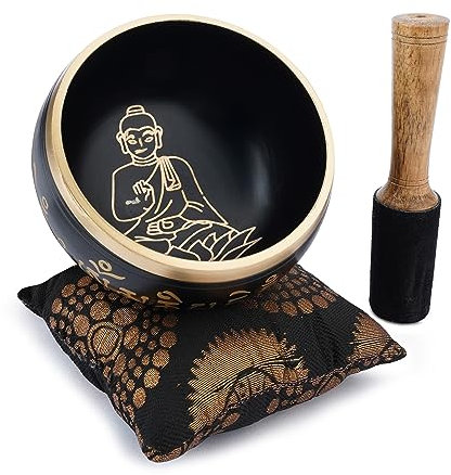 Ajuny Tibetisches Klangschalen Set – Handgefertigte Buddha Schnitz Meditations Messing Schalen Schwarz, 4 Zoll Mit Stab und Kissen für Yoga, Klang Chakra Heilung und Stressabbau Schale