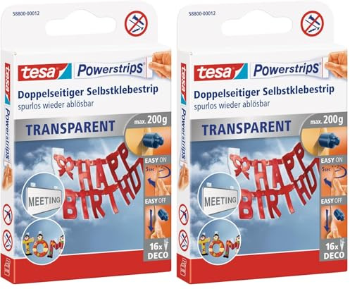 tesa Powerstrips transparent Deko - doppelseitige Klebestreifen für leichte Dekorationen, bis zu 200 g Haltekraft - selbstklebend, spurlos ablösbar - 1 x 16 Streifen (Packung mit 2)